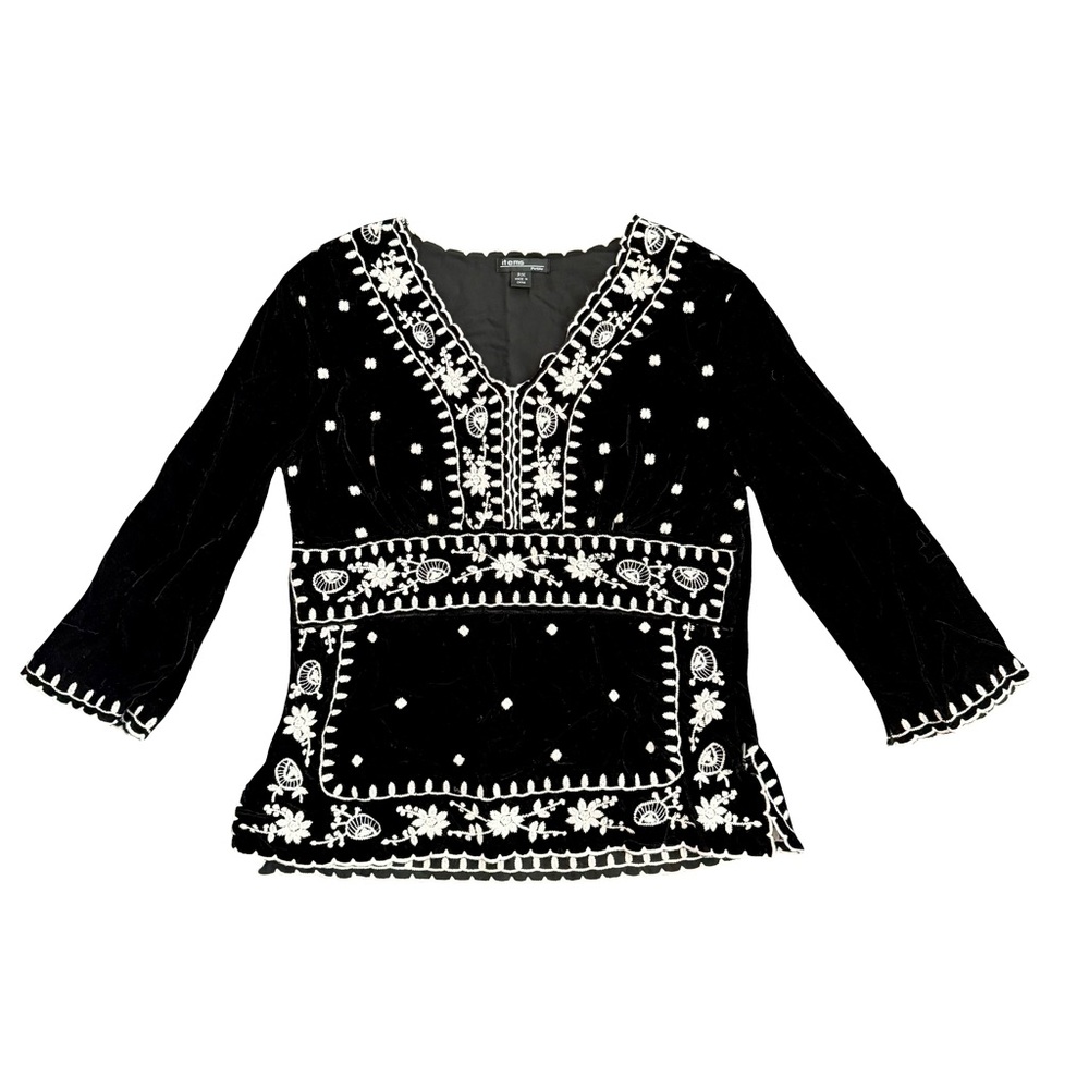VTG ITEMS 90’S BLACK VELVET EMBROIDERED BLOUSE // SIZE PETITE MEDIUM 🖤